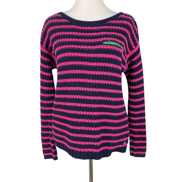 Tommy Hilfiger Sweater Womens Navy Blue Pink Striped Long Sleeve Knit Pullover - Picture 1 of 8
